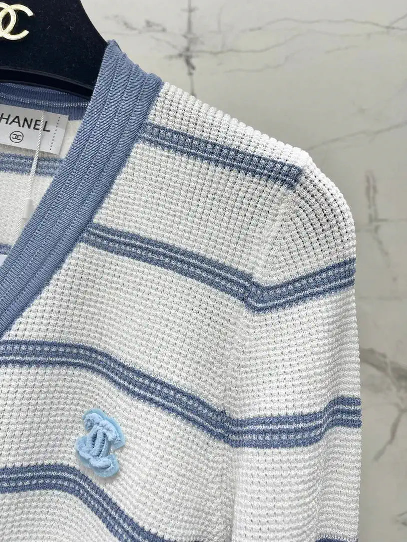 Chanel Women Waffle hollow color block striped knitted cardigan Sweater CC69202