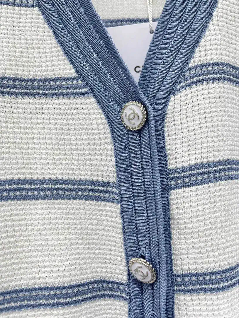 Chanel Women Waffle hollow color block striped knitted cardigan Sweater CC69202