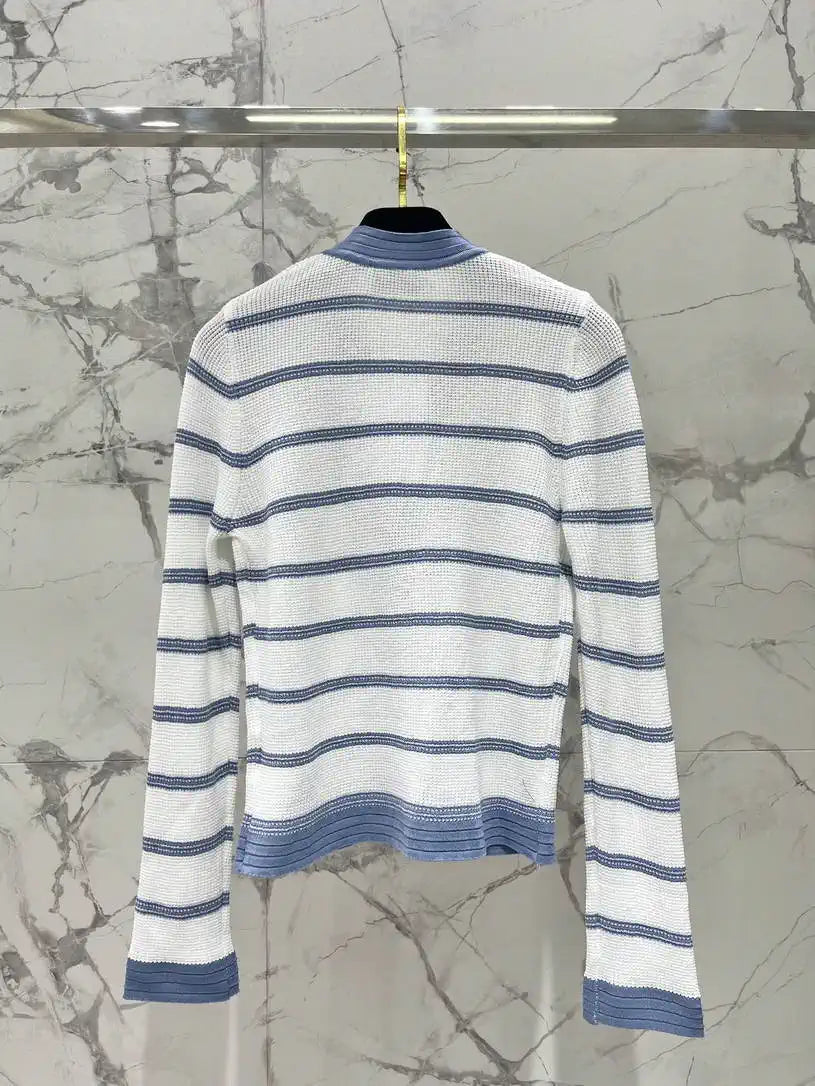 Chanel Women Waffle hollow color block striped knitted cardigan Sweater CC69202