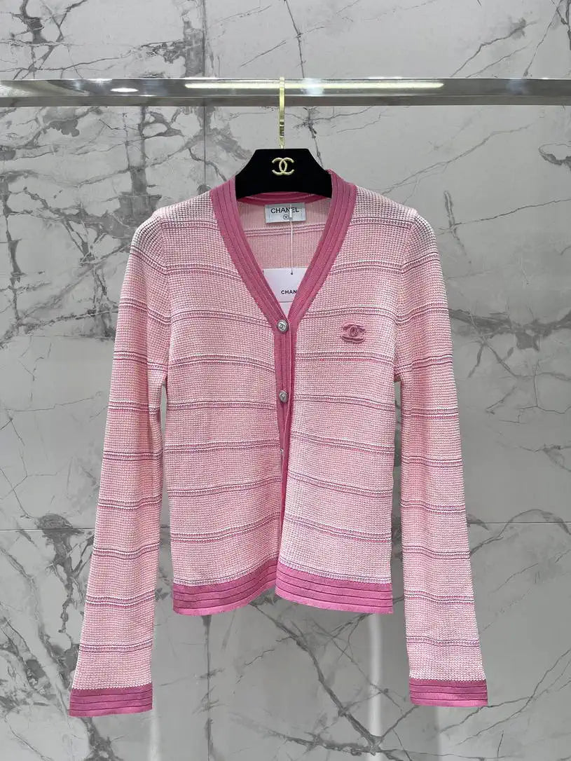 Chanel Women Waffle hollow color block striped knitted cardigan Sweater CC69202