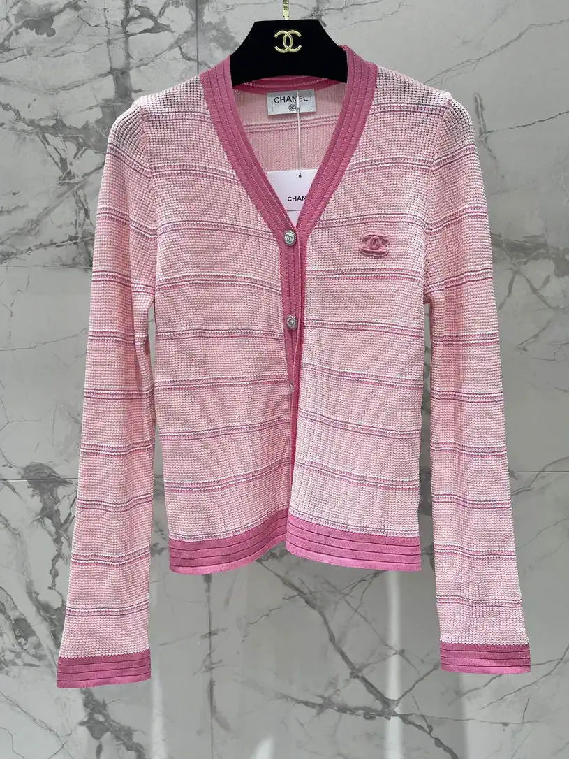 Chanel Women Waffle hollow color block striped knitted cardigan Sweater CC69202