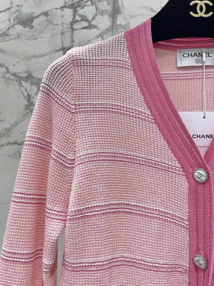 Chanel Women Waffle hollow color block striped knitted cardigan Sweater CC69202