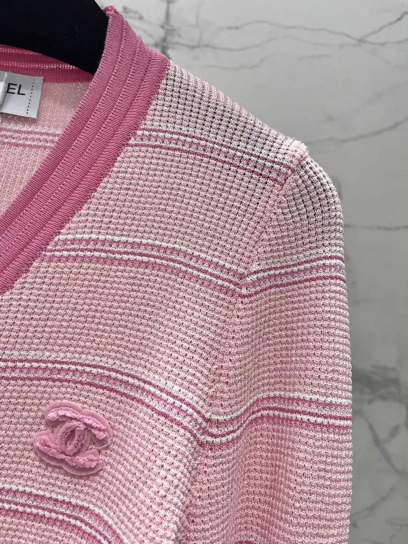 Chanel Women Waffle hollow color block striped knitted cardigan Sweater CC69202