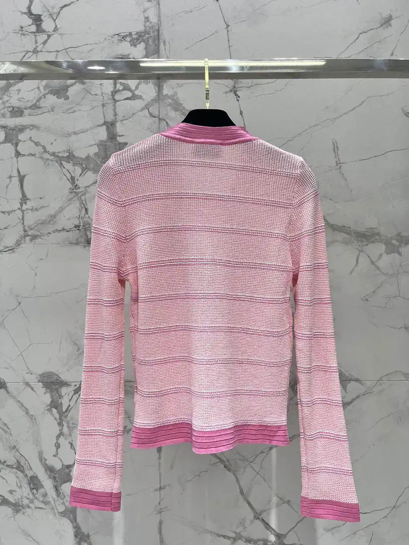 Chanel Women Waffle hollow color block striped knitted cardigan Sweater CC69202