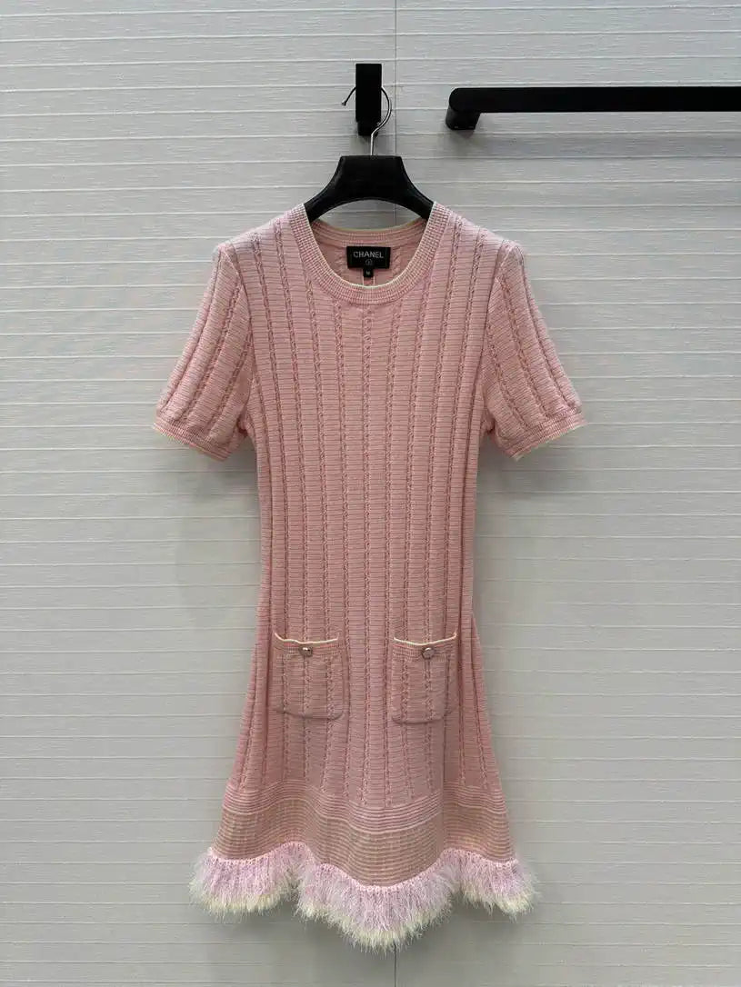 Chanel Women White Moonlight Pink Knitted Short Sleeve Dress C81201