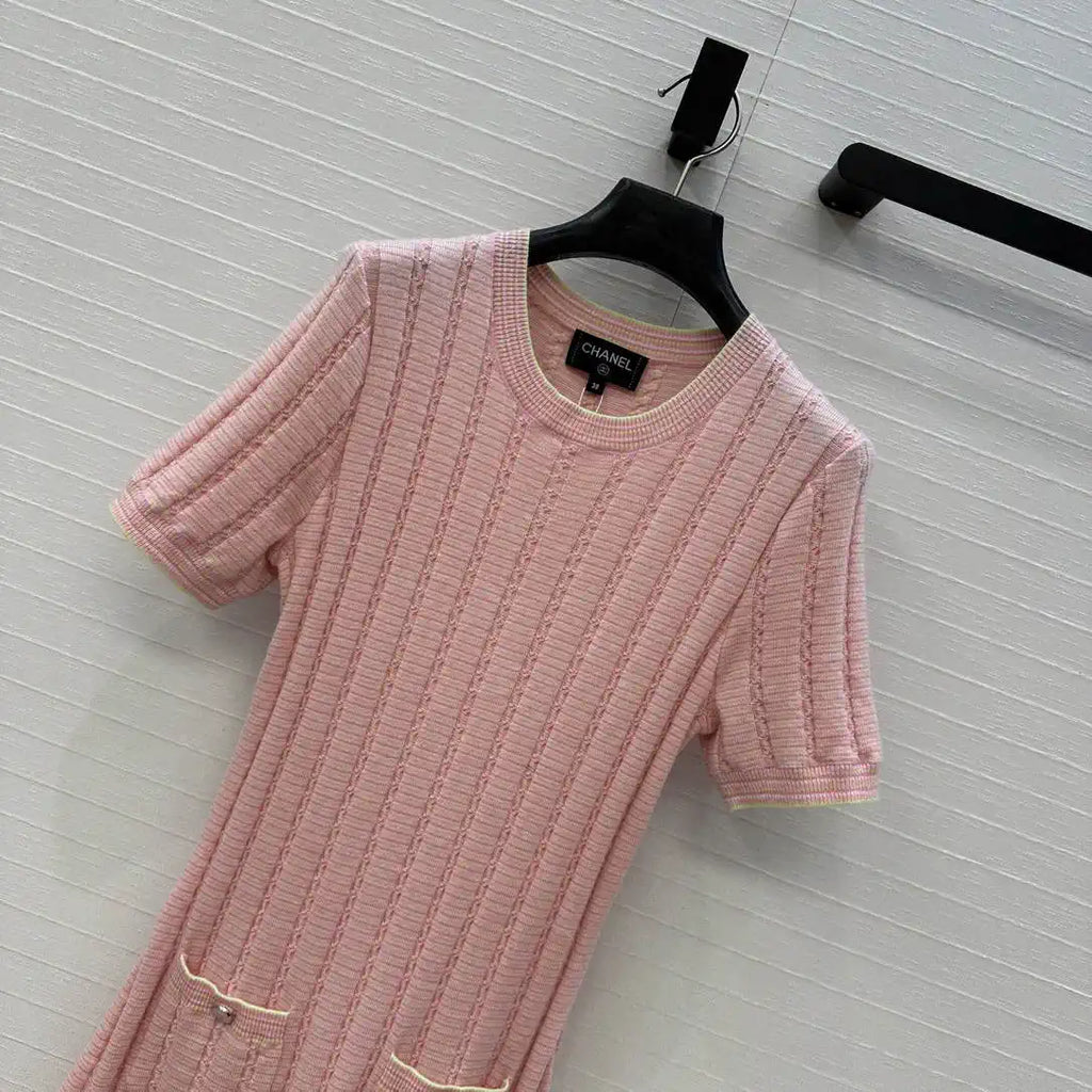 Chanel Women White Moonlight Pink Knitted Short Sleeve Dress C81201