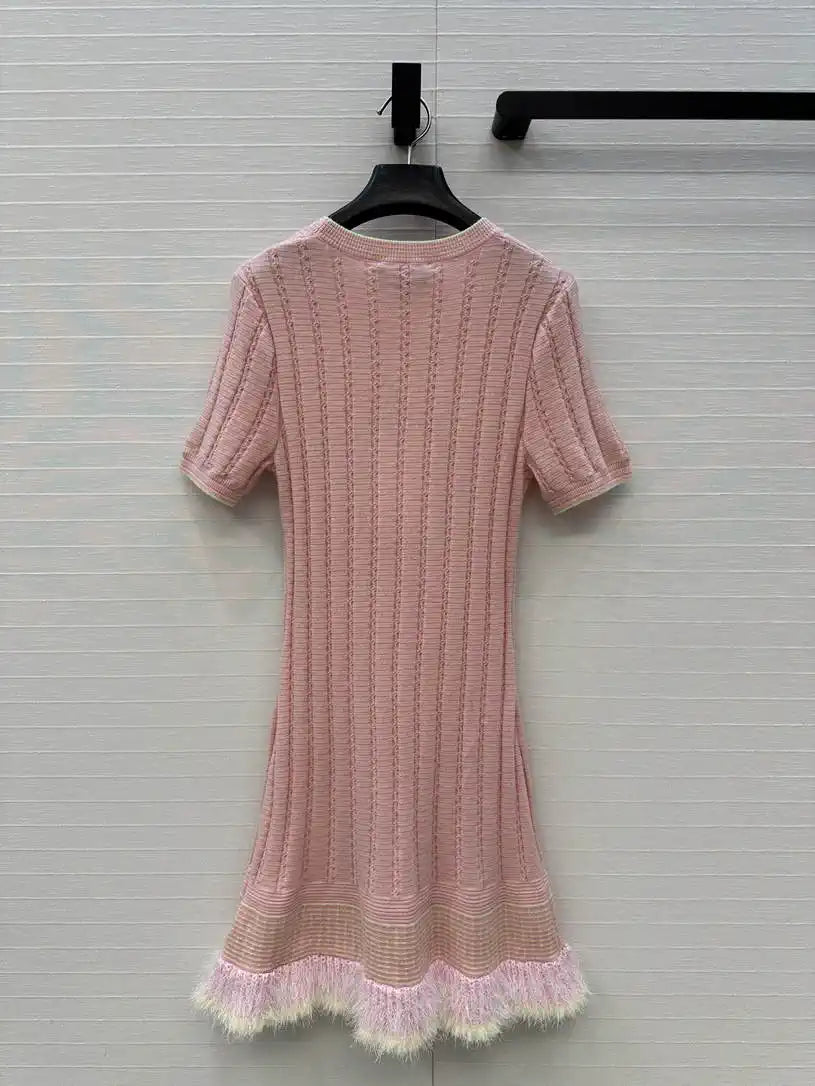 Chanel Women White Moonlight Pink Knitted Short Sleeve Dress C81201