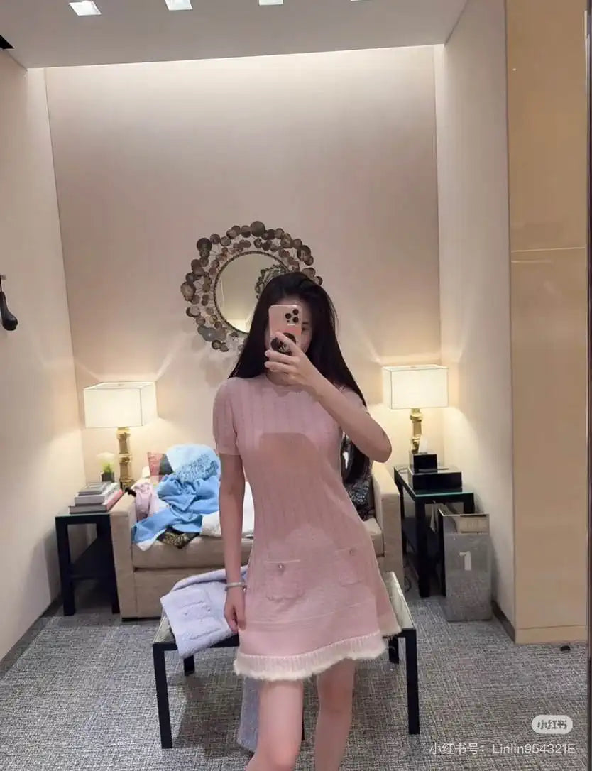 Chanel Women White Moonlight Pink Knitted Short Sleeve Dress C81201