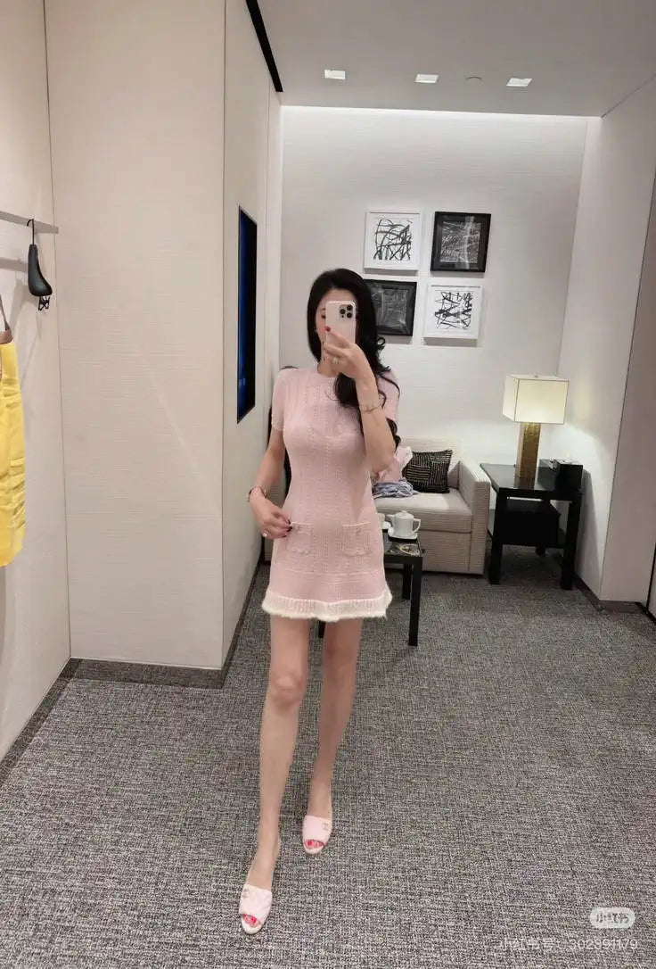 Chanel Women White Moonlight Pink Knitted Short Sleeve Dress C81201