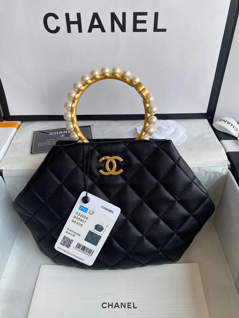 Chanel Women's Bag Sheepskin Pearl Handle Evening Bag Handbag AS2609 Black - Default Title - View 1