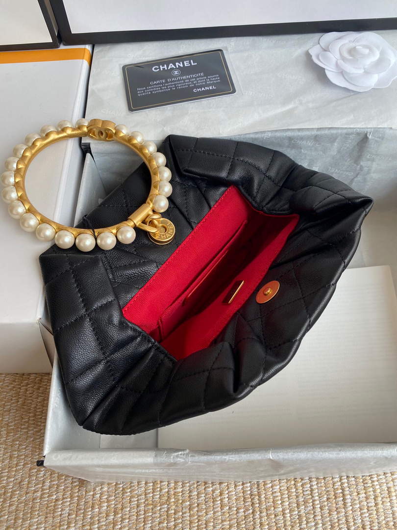 Chanel Women's Bag Sheepskin Pearl Handle Evening Bag Handbag AS2609 Black