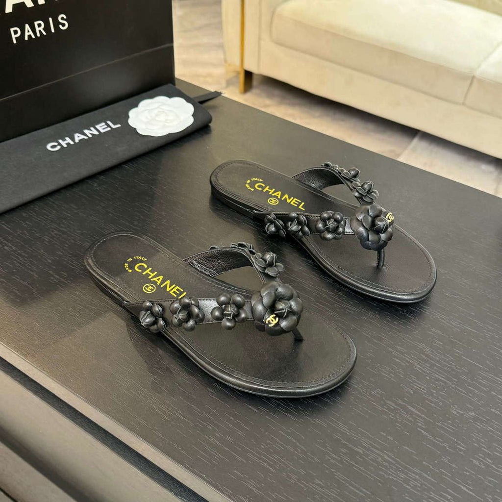 Chanel Women's Camellia Flip Flop Sandals Lambskin C92583