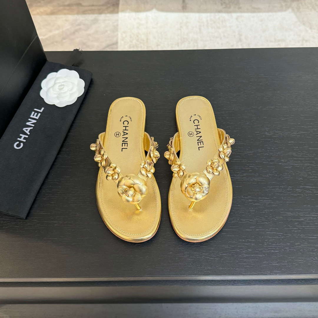 Chanel Women's Camellia Flip Flop Sandals Lambskin C92584 - 35 - View 1