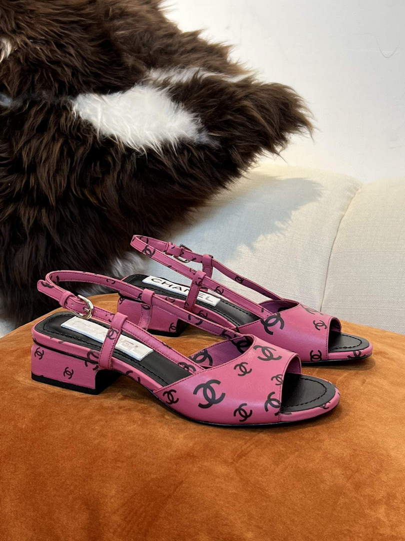 Chanel Women's Sandals G38969 Chanel Designer Heel 35mm C90240 Printed Lambskin Pink  Black