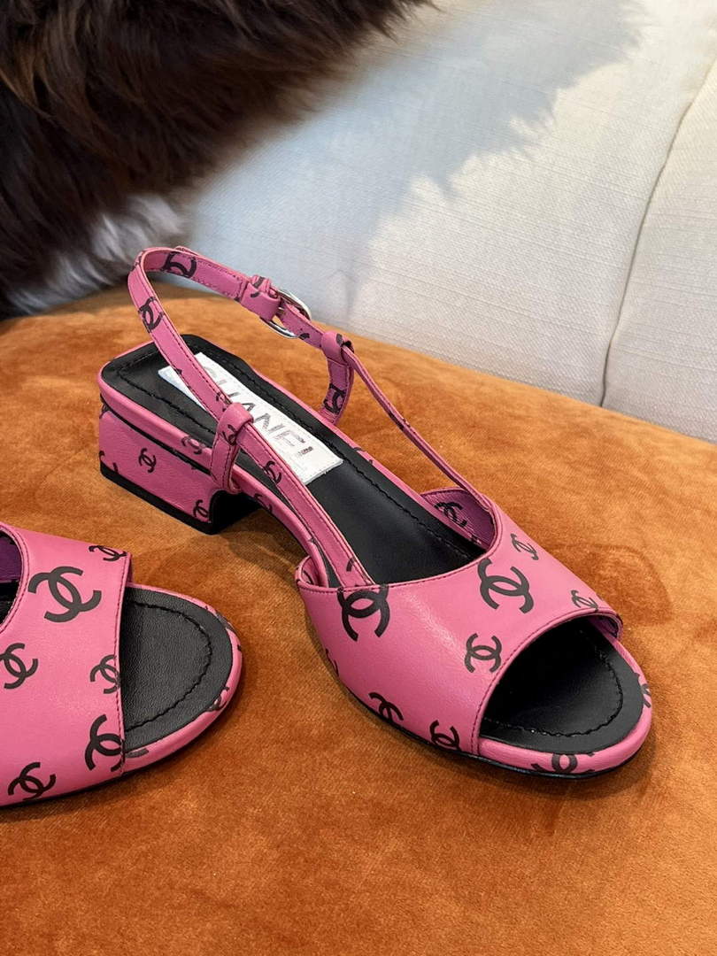 Chanel Women's Sandals G38969 Chanel Designer Heel 35mm C90240 Printed Lambskin Pink  Black