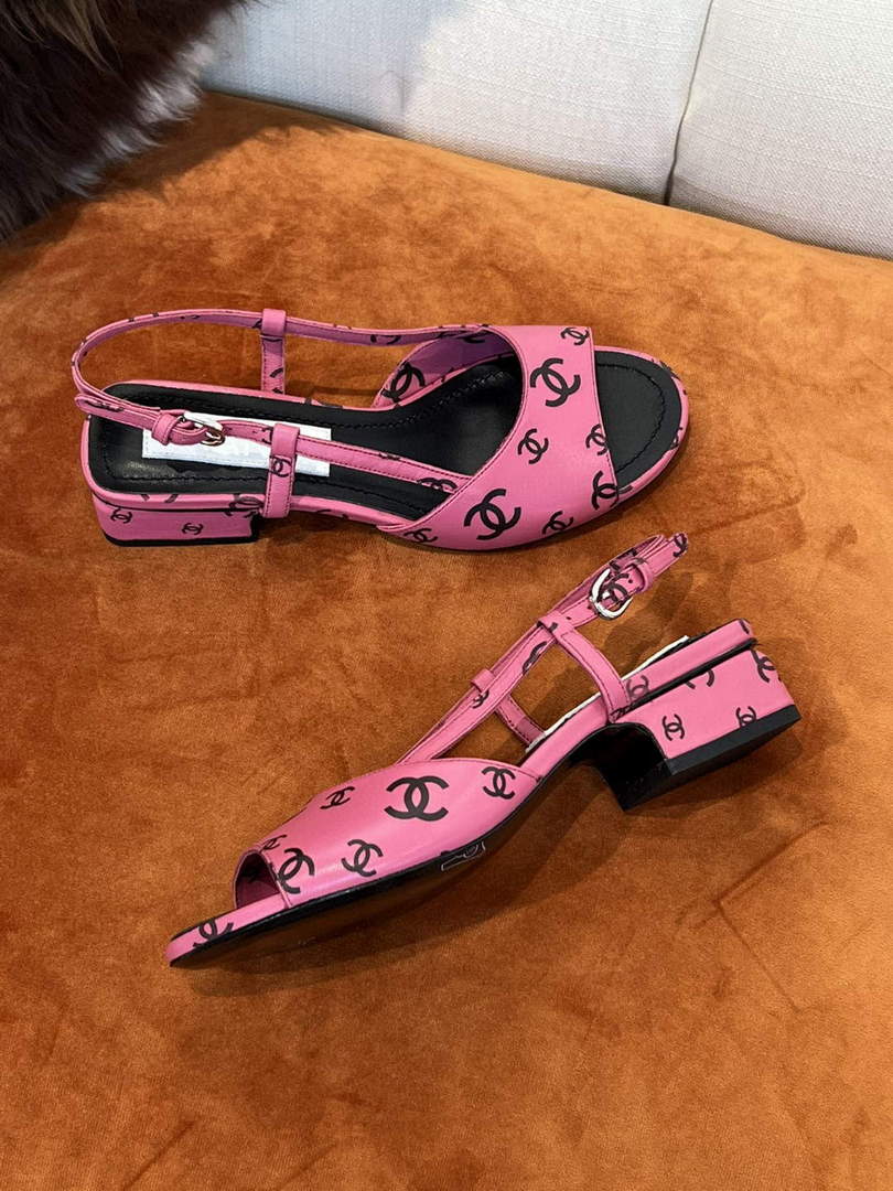 Chanel Women's Sandals G38969 Chanel Designer Heel 35mm C90240 Printed Lambskin Pink  Black