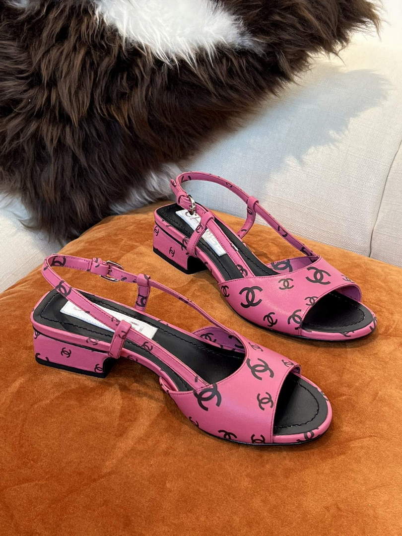 Chanel Women's Sandals G38969 Chanel Designer Heel 35mm C90240 Printed Lambskin Pink  Black
