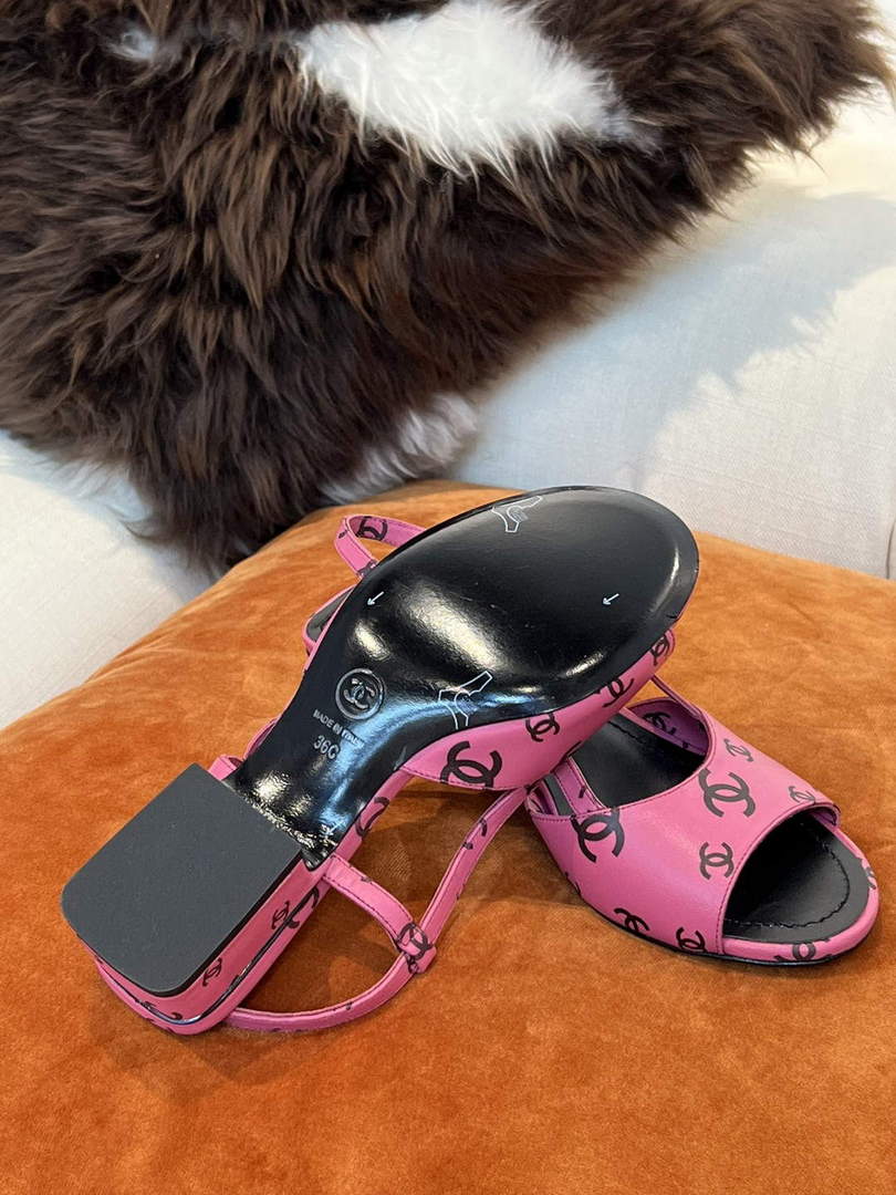 Chanel Women's Sandals G38969 Chanel Designer Heel 35mm C90240 Printed Lambskin Pink  Black