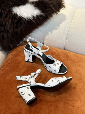 Chanel Women's Sandals G38969 Printed Lambskin White with Black C90242 - 35 / 35mm - View 3