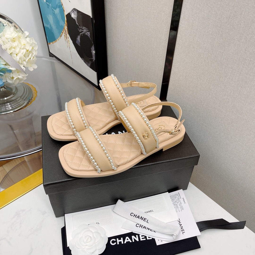 Chanel Women's Sandals G38423 Satin Imitation Pearls C90245