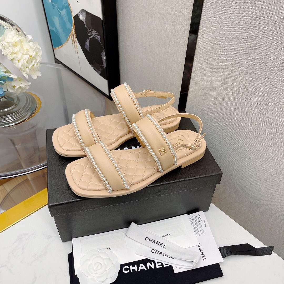 Chanel Women's Sandals G38423 Satin Imitation Pearls C90245