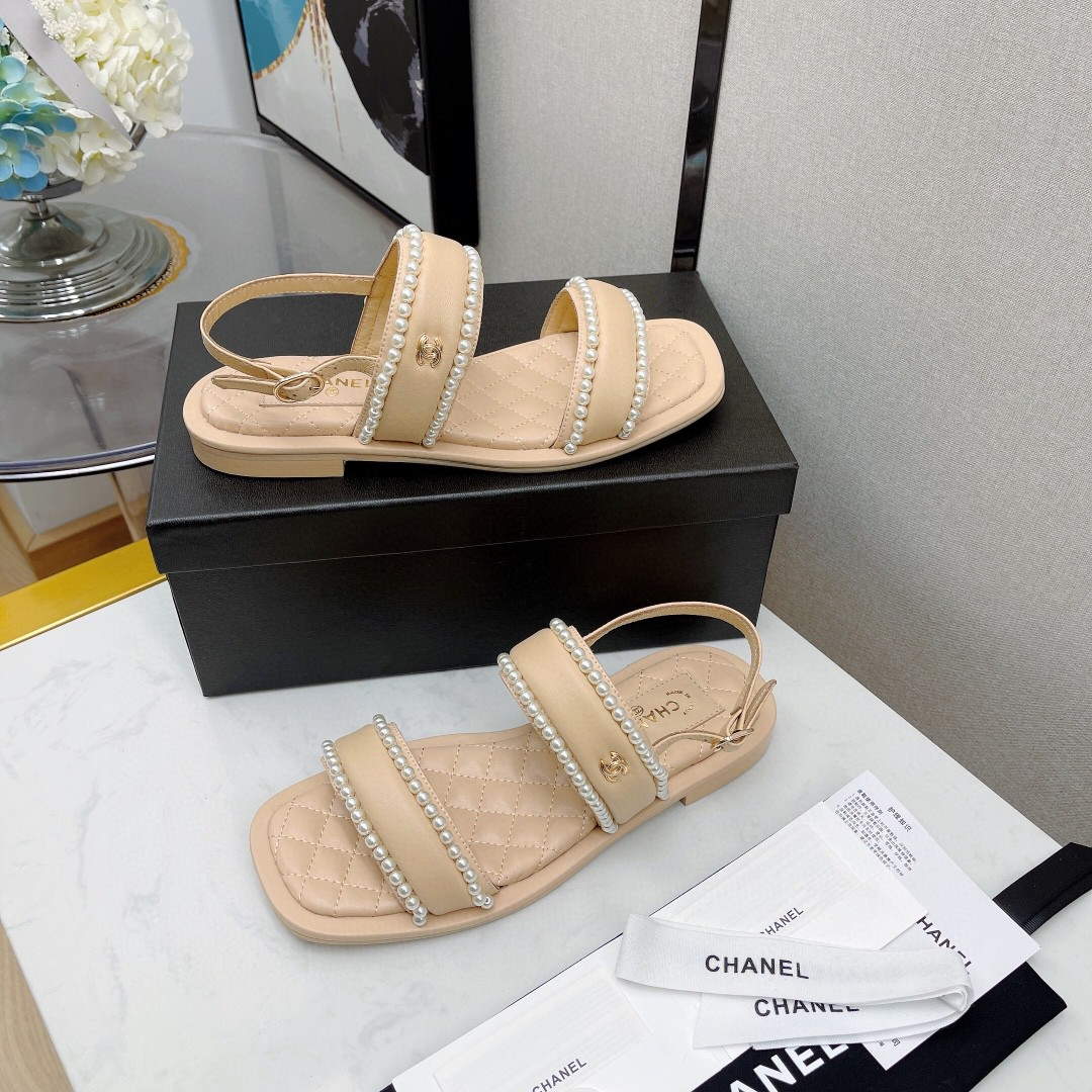 Chanel Women's Sandals G38423 Satin Imitation Pearls C90245