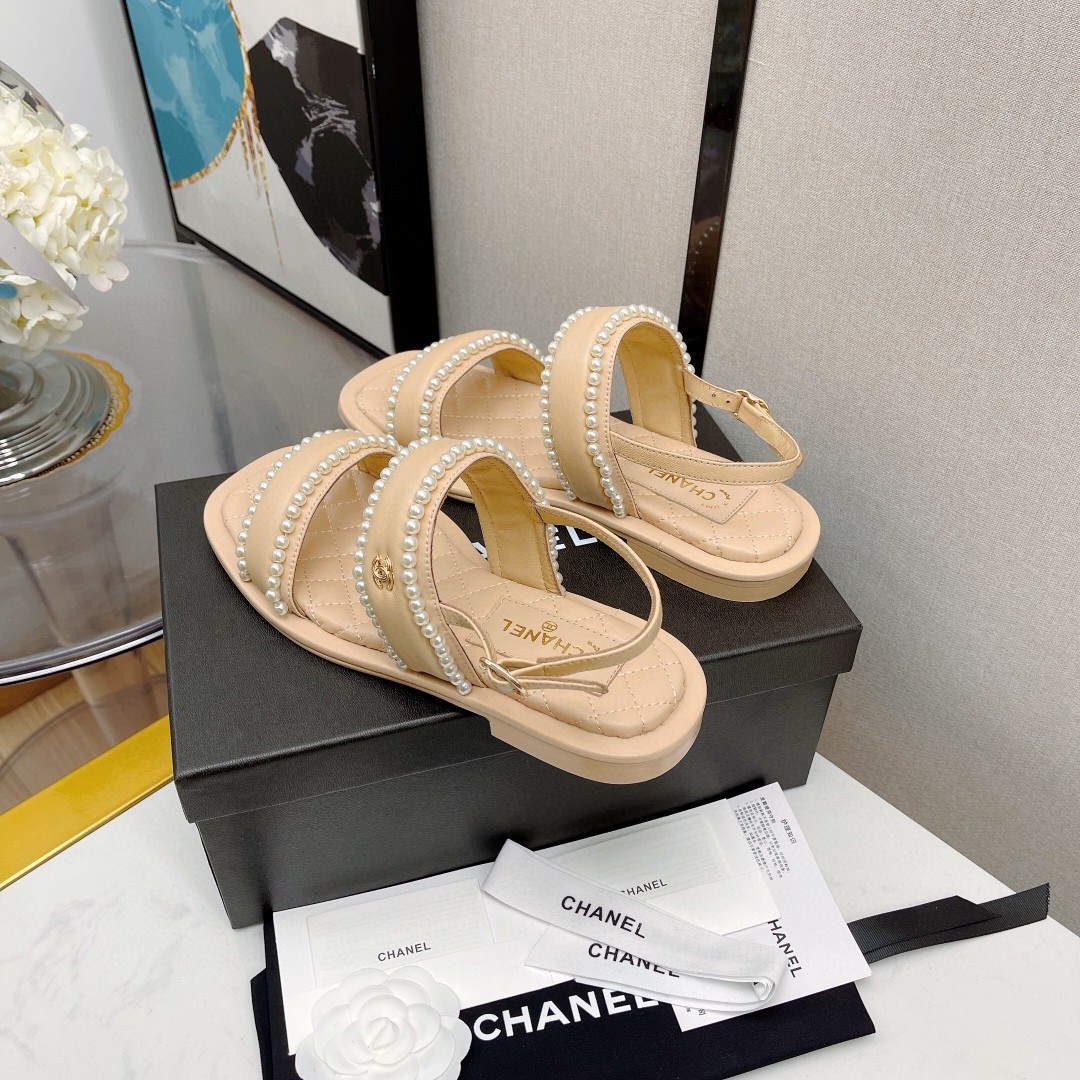 Chanel Women's Sandals G38423 Satin Imitation Pearls C90245