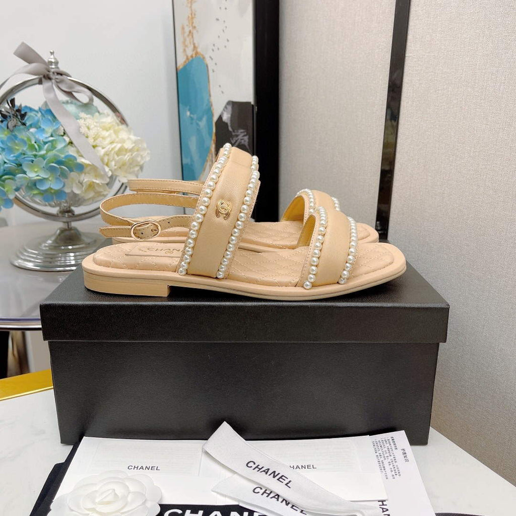 Chanel Women's Sandals G38423 Satin Imitation Pearls C90245