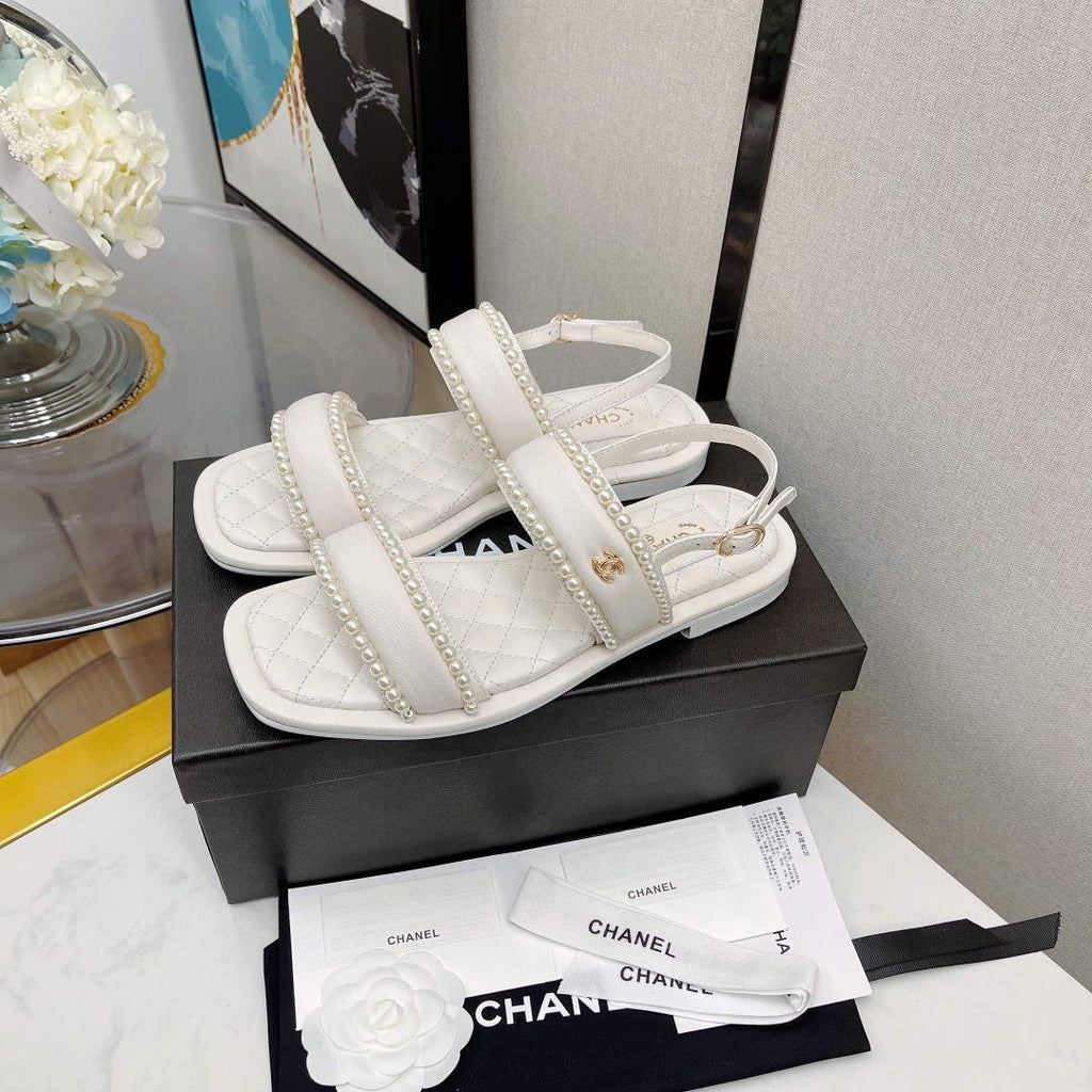 Chanel Women's Sandals G38423 Satin Imitation Pearls C90246 White