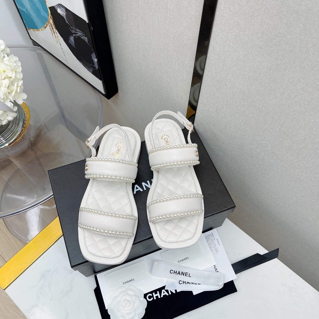 Chanel Women's Sandals G38423 Satin Imitation Pearls C90246 White