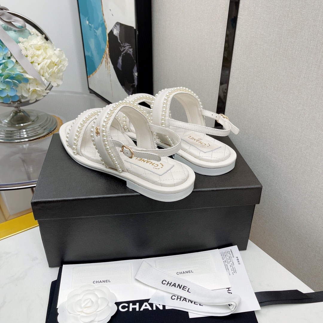 Chanel Women's Sandals G38423 Satin Imitation Pearls C90246 White