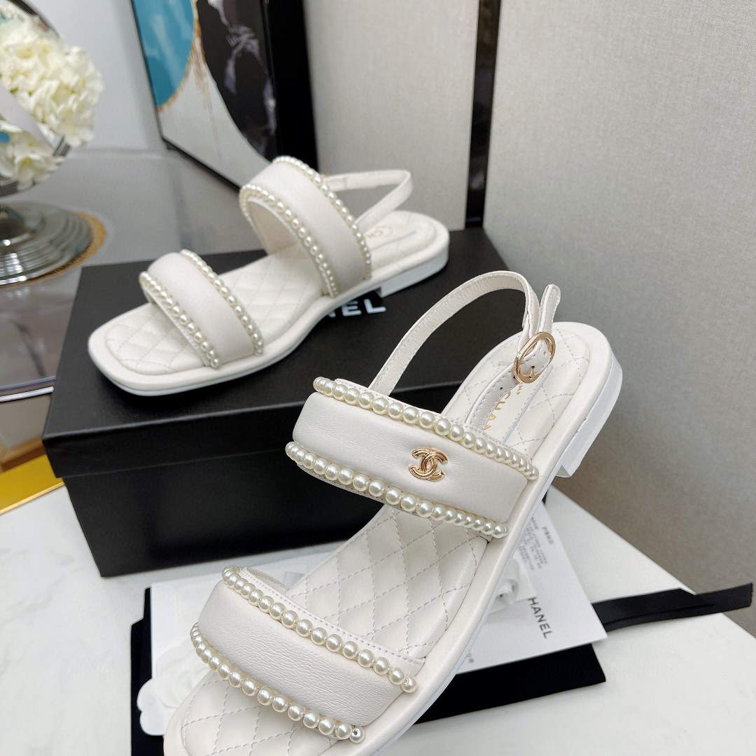 Chanel Women's Sandals G38423 Satin Imitation Pearls C90246 White