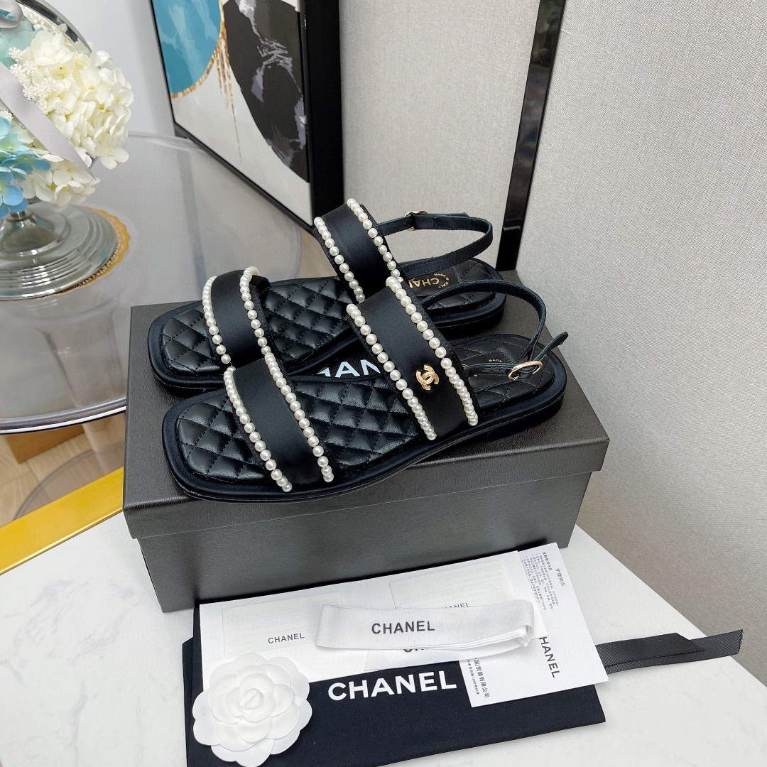 Chanel Women's Sandals G38423 Satin Imitation Pearls C90246 Black