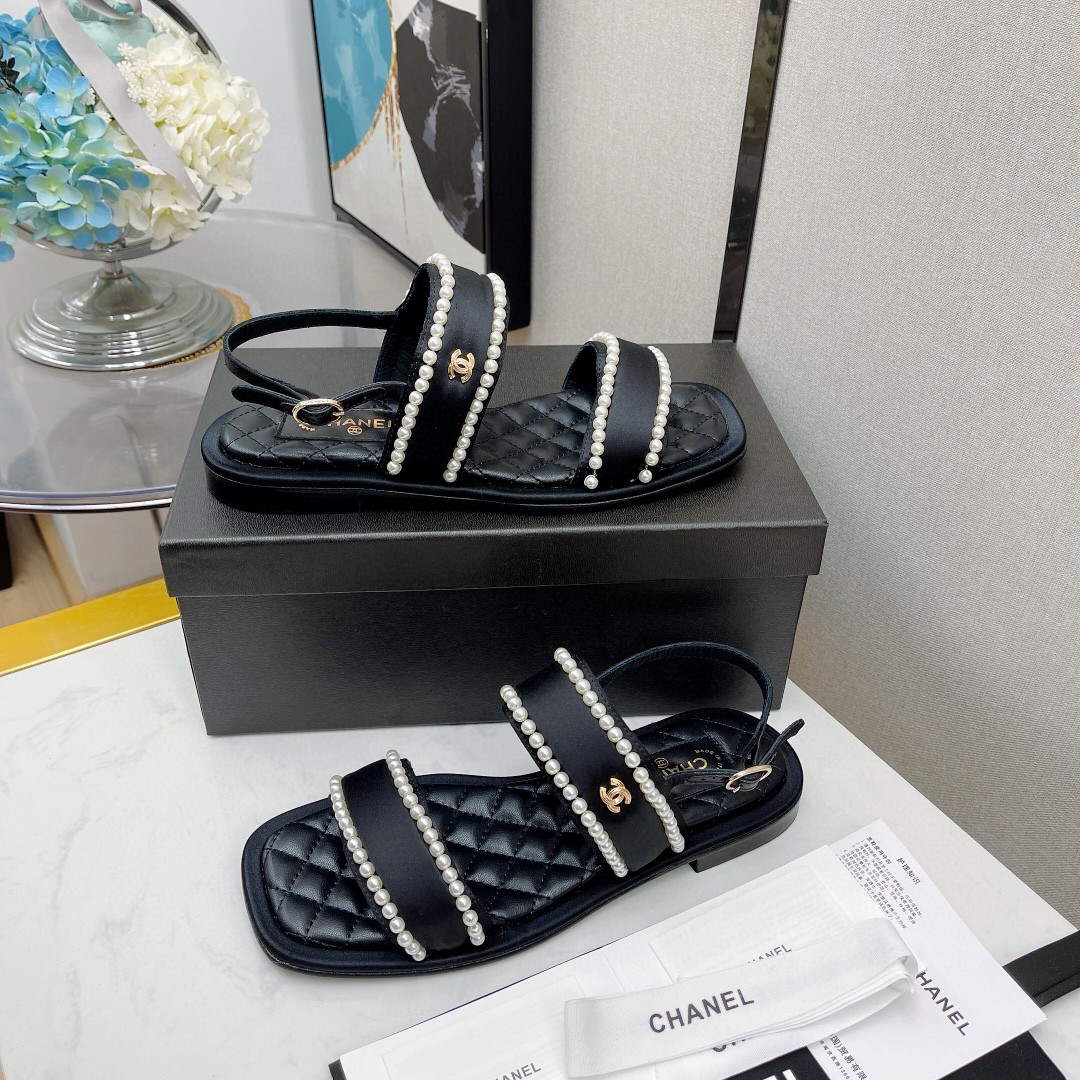 Chanel Women's Sandals G38423 Satin Imitation Pearls C90246 Black - 35 - View 2