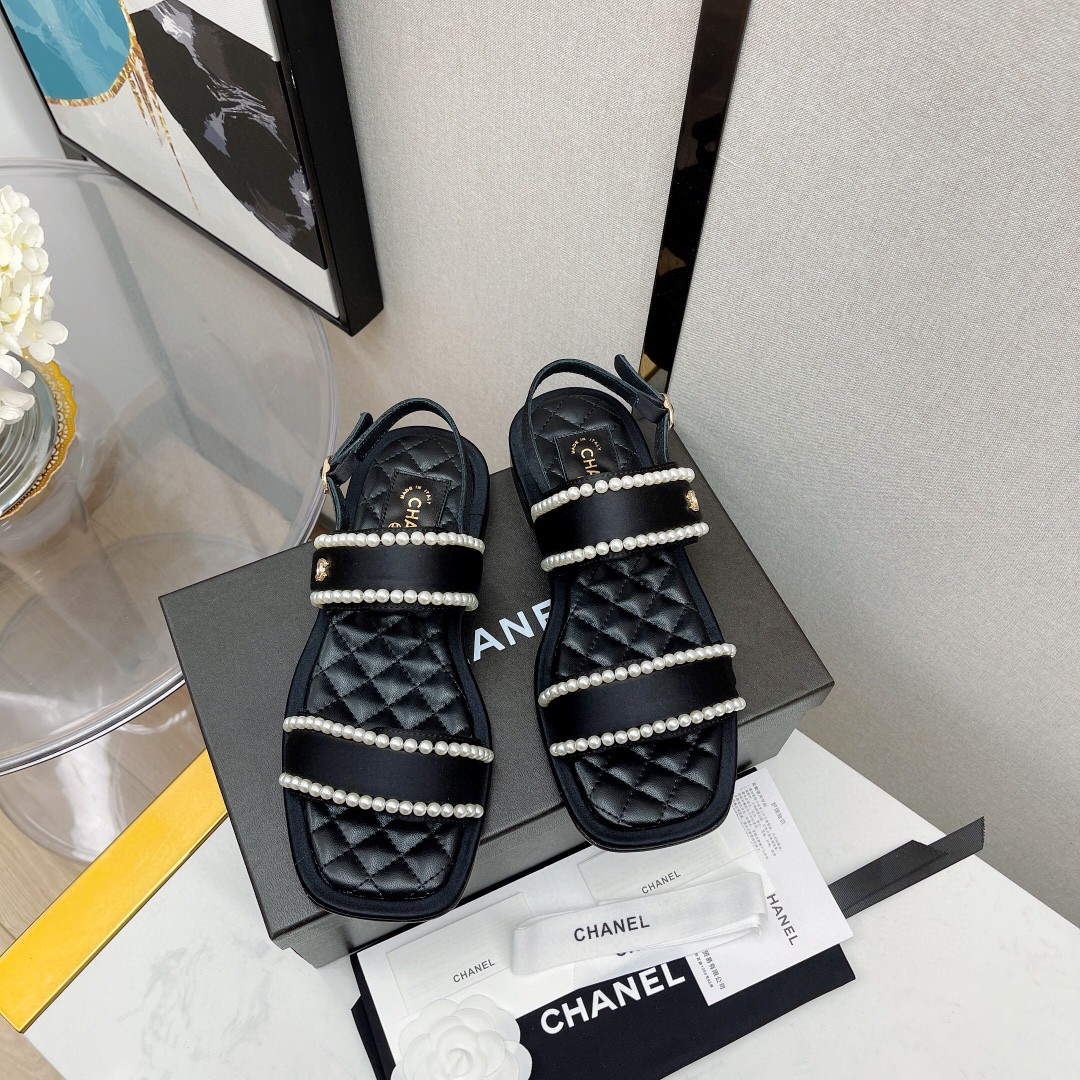 Chanel Women's Sandals G38423 Satin Imitation Pearls C90246 Black
