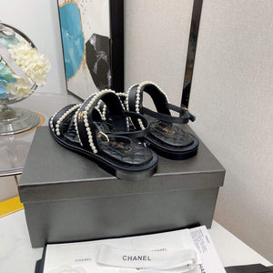 Chanel Women's Sandals G38423 Satin Imitation Pearls C90246 Black - 35 - View 4