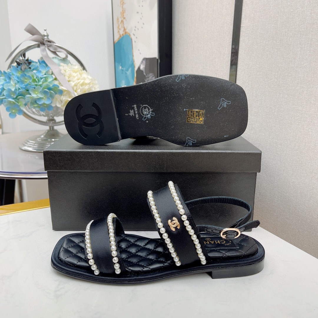 Chanel Women's Sandals G38423 Satin Imitation Pearls C90246 Black - 35 - View 6
