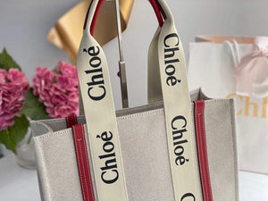 Chloe 383E66616 Medium Woody Tote Bag in Cotton Canvas Red - Default Title - View 2