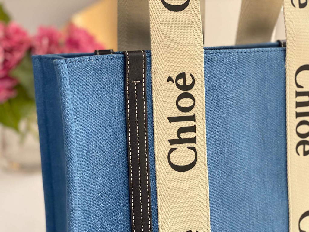 Chloe 6690 Medium Woody Tote Bag in Cotton Canvas Blue
