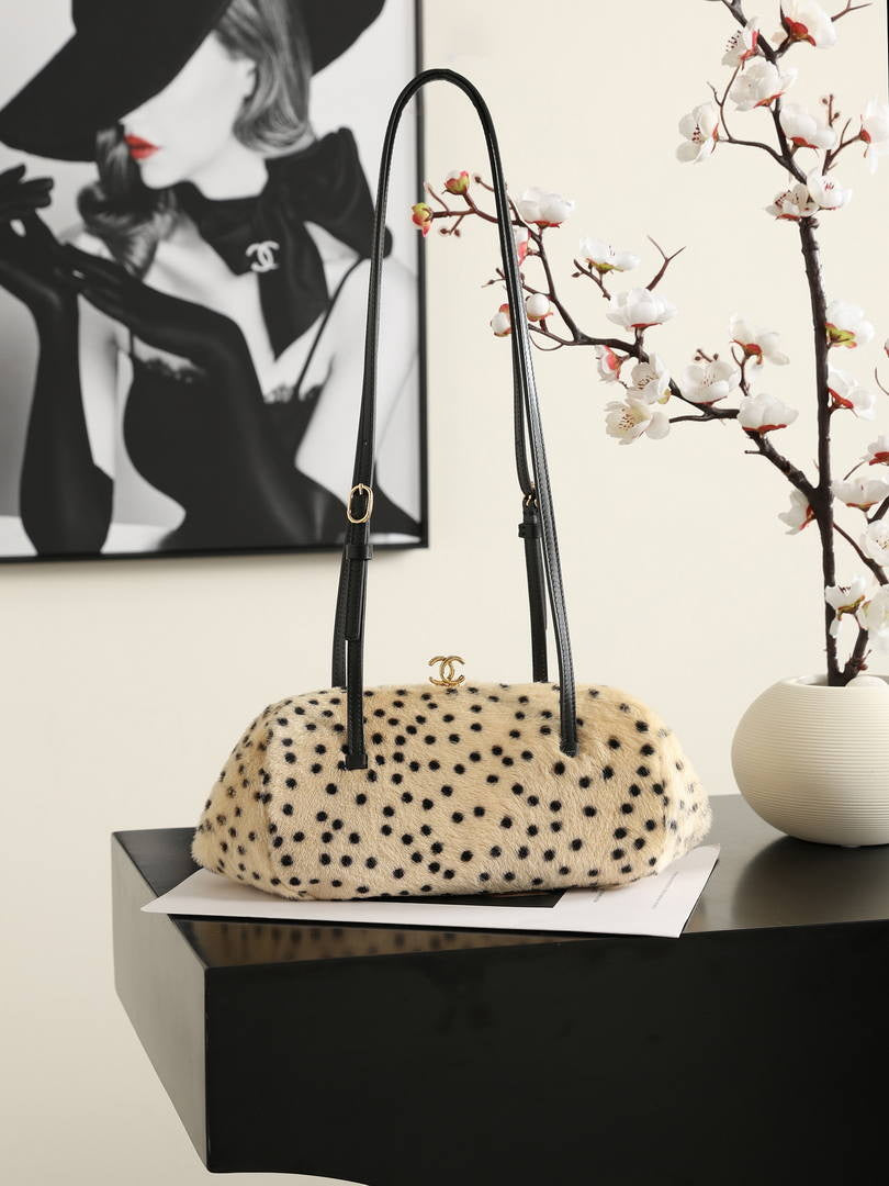Chanel Clutch with Leather Strap  Calfskin Leopard polka dot & Gold-Tone Metal AP5360