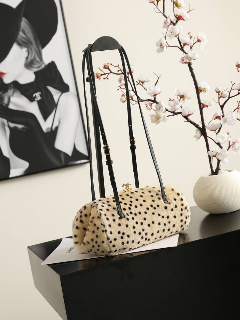 Chanel Clutch with Leather Strap  Calfskin Leopard polka dot & Gold-Tone Metal AP5360