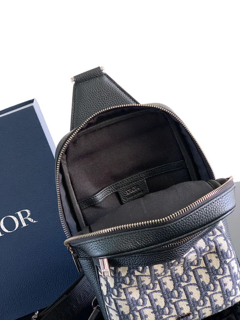Dior 1ESBO065 Rider 2.0 Sling Bag Beige and Black Dior Oblique Jacquard with Black Grained Calfskin