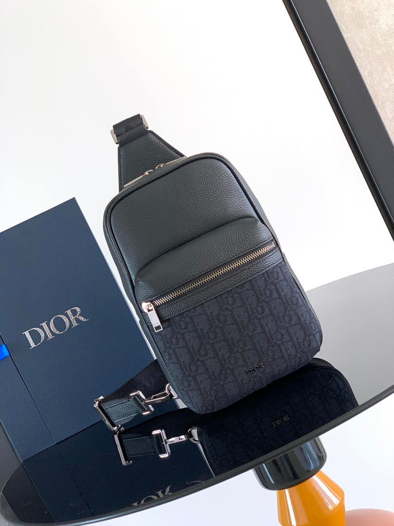 Dior 1ESBO065 Rider 2.0 Sling Bag Black Dior Oblique Jacquard and Black Grained Calfskin