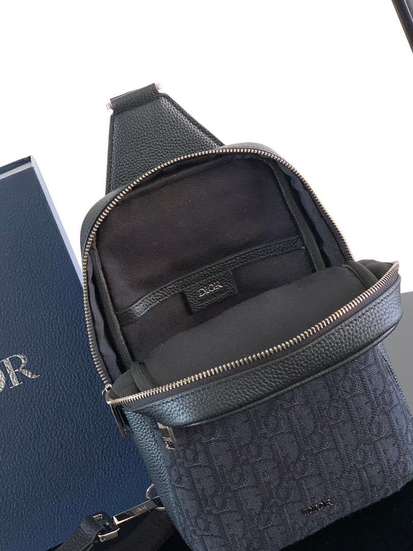 Dior 1ESBO065 Rider 2.0 Sling Bag Black Dior Oblique Jacquard and Black Grained Calfskin