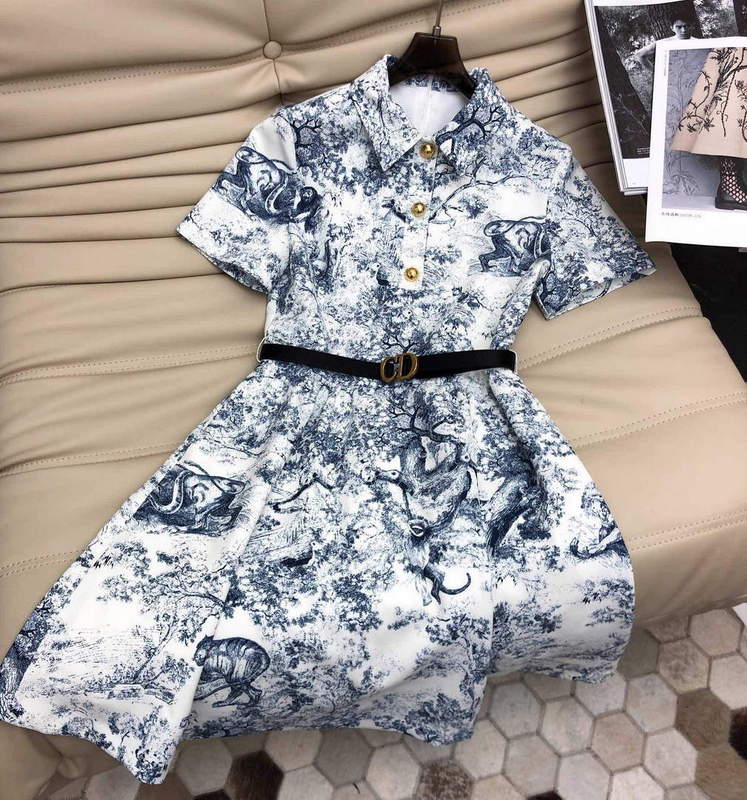 Dior 221R81 Mid Length Shirt Dress White and Navy Blue - S - View 1