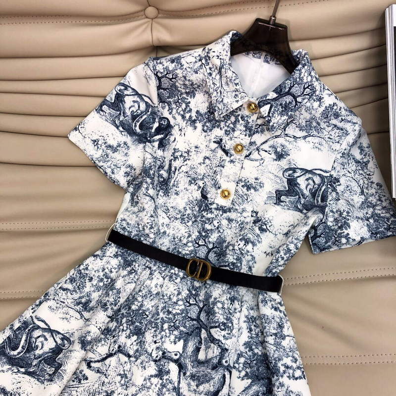 Dior 221R81 Mid Length Shirt Dress White and Navy Blue