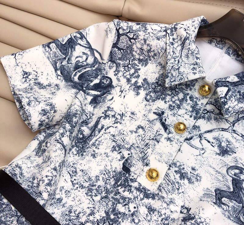 Dior 221R81 Mid Length Shirt Dress White and Navy Blue