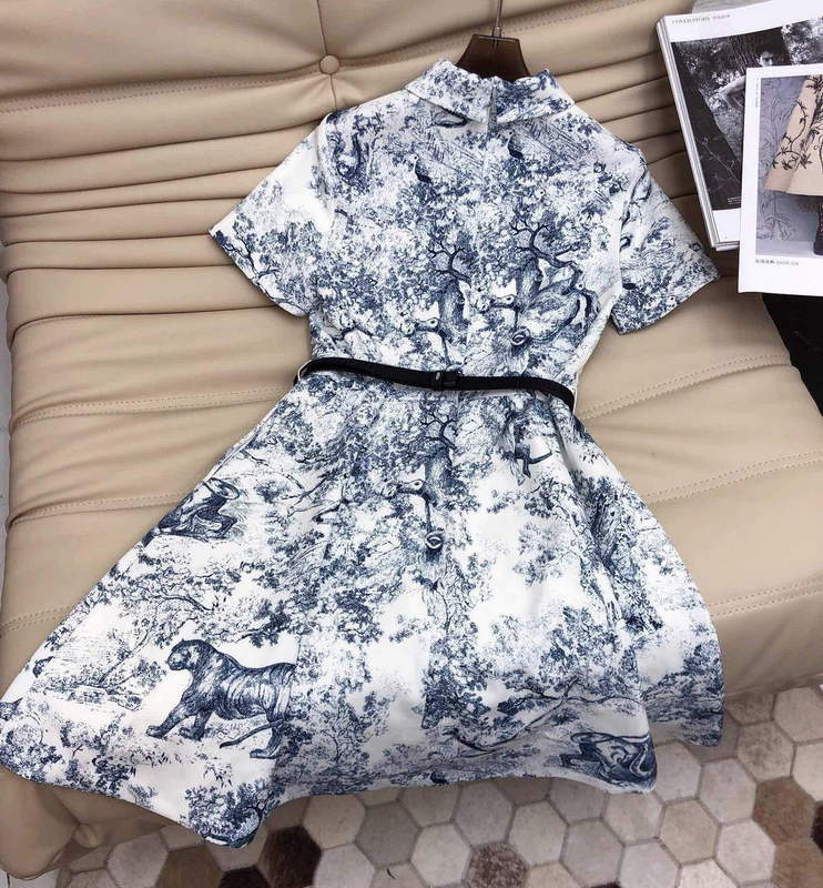 Dior 221R81 Mid Length Shirt Dress White and Navy Blue