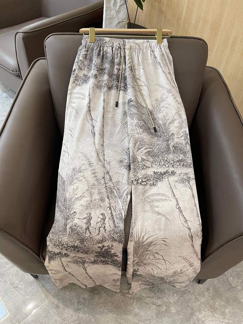 Dior 241P30 Printed Satin wide-leg Pants Gray white