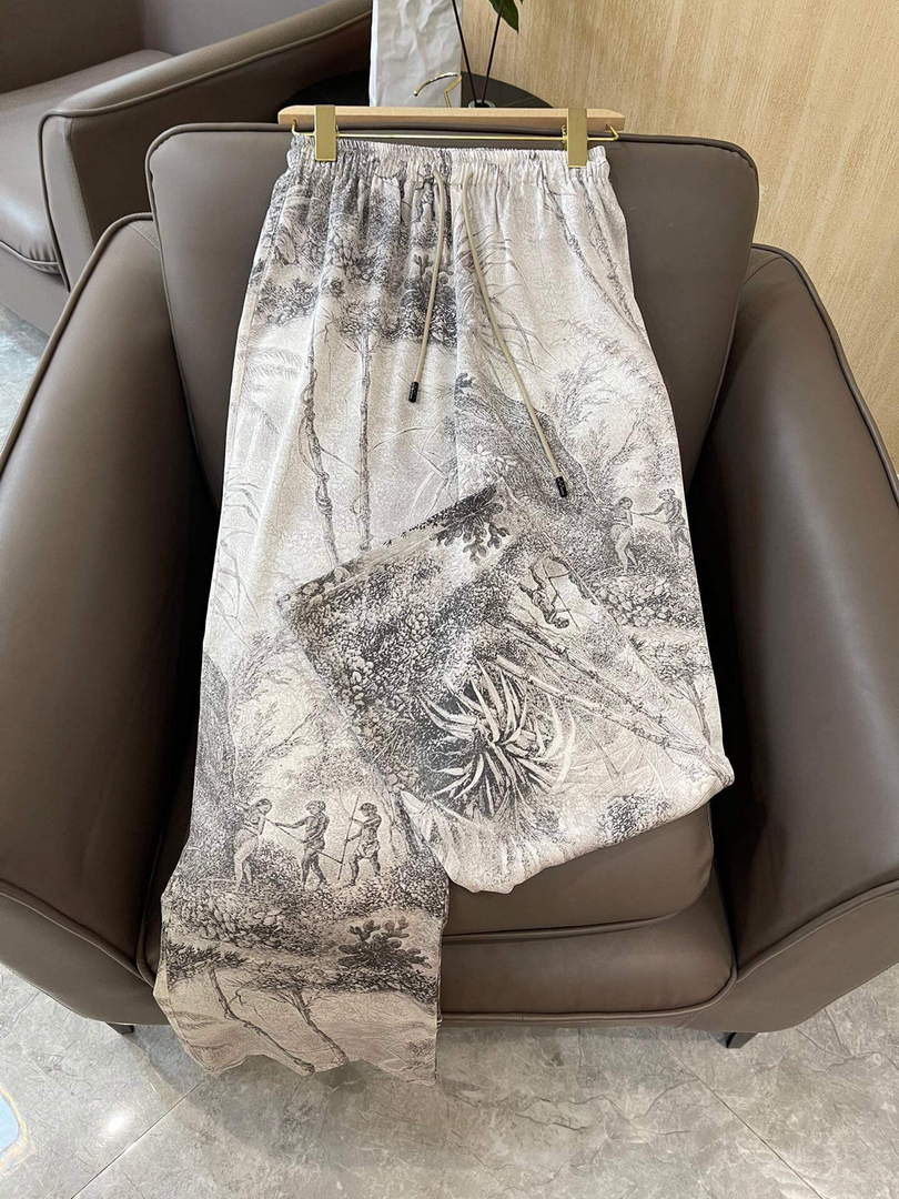 Dior 241P30 Printed Satin wide-leg Pants Gray white
